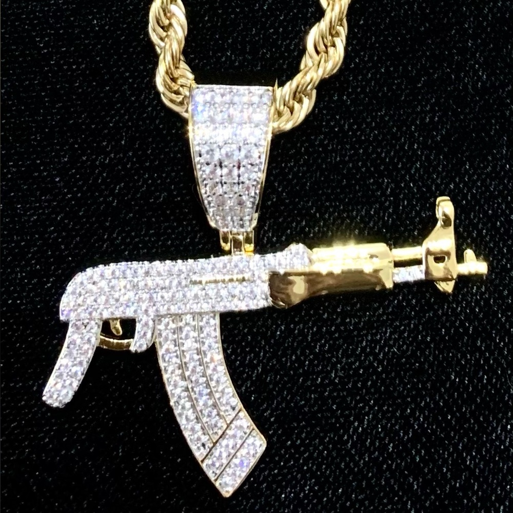 EXCLUSIVE AK47 PENDANT NECKLACE 18K GOLD FULL LAB DIAMONDS CHAIN MADE IN ITALY